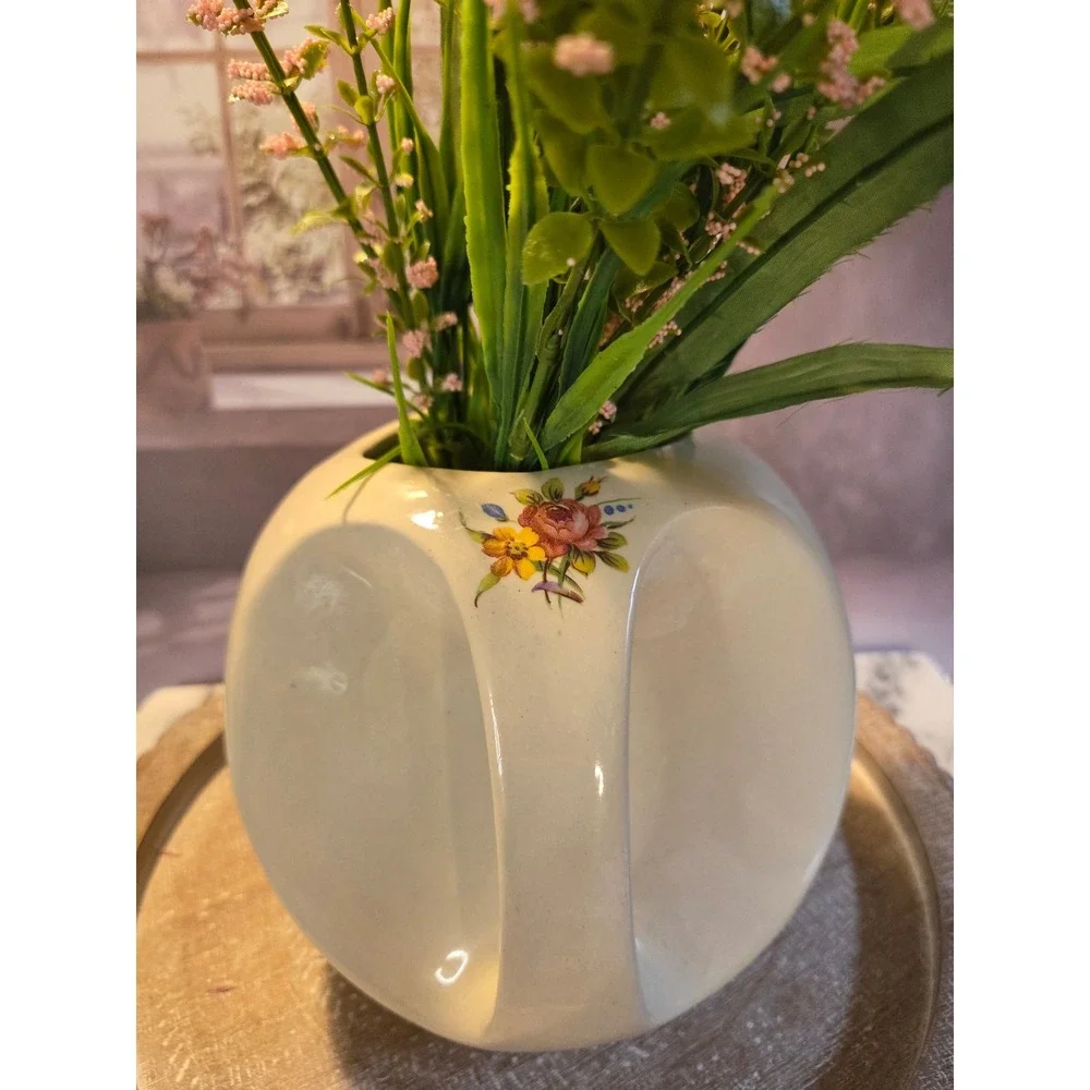 Vintage Floral water jug‎ Cream Color USA Ceramic Rose Flower Decor Farmhouse